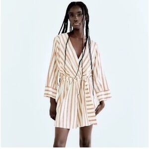 Zara Linen Blend Striped Long Sleeve Kimono Romper size Large